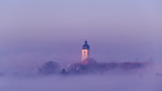 Large building clock tower foggy - german romanticism free wallpaper for desktop
