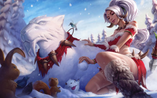 Woman red dress snow wolf - a white wolf free wallpaper