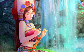 Woman red dress waterfall bird - chen chun free wallpaper