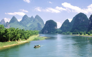 River mountains boat sky clouds - cao buxing free wallpaper for desktop