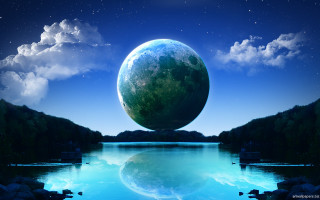 Large blue ball floating lake - moon free wallpaper