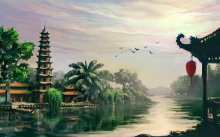 Pagoda lake birds fantasy matte - cinematic matte painting free wallpaper