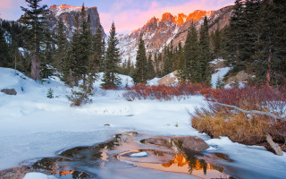 Snowy forest stream mountains sunset - a stream free wallpaper