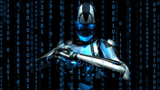 Robot gun cyberpunk background glowing - a robot holding free wallpaper