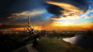 City river sunset mountain lights - sunset time free wallpaper