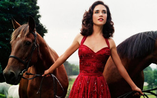 Woman red dress horses field - two horse free wallpaper