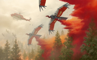 Birds forest firefighters autumn red - ultra realistic illustration free wallpaper