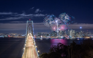 Bridge fireworks city night light - free new year wallpaper