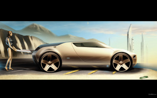Futuristic car desert mountain bikini - matte drawing free wallpaper for desktop