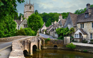 River village bridge church tower - a village free wallpaper