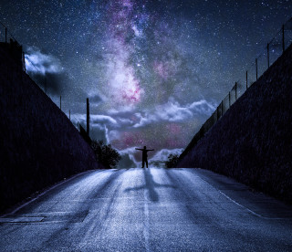 Person road starry sky astronaut - the middle of the road free wallpaper