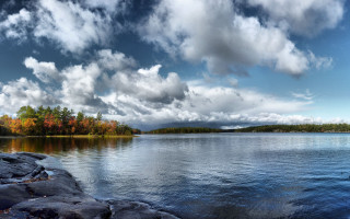 Lake rocks trees clouds sky - a few rock free wallpaper