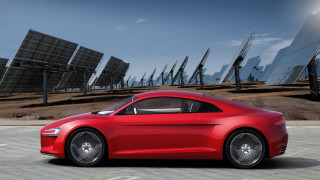 Red car solarpanels cloudy sky - solarpunk free wallpaper