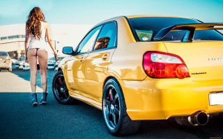 Woman yellow car parking lot - other car free wallpaper
