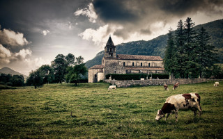 Cow field church cloudy sky - a cow free wallpaper