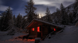 Cabin woods fullmoon snowy night - a cabin free wallpaper
