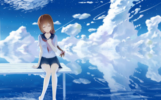 Girl clouds bench sky mountains - the cloud free wallpaper for desktop