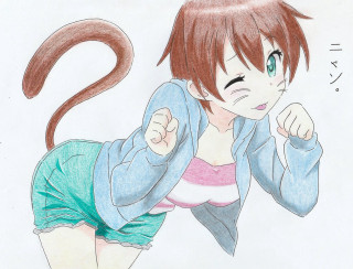 Girl cat tail head shoulder - a cat tail free wallpaper