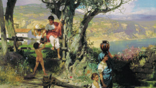 Park group people lake tree - classical realism free wallpaper for desktop