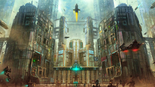 Futuristic city green light cross - darek zabrocki free wallpaper for desktop