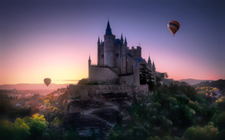 Hotairballoon castle sunset magicrealism mattefantasy - hot free wallpaper
