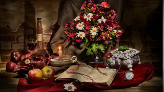 Still life flowers apples candle - apple free wallpaper
