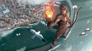 Fire torch man bird city - a statue free wallpaper