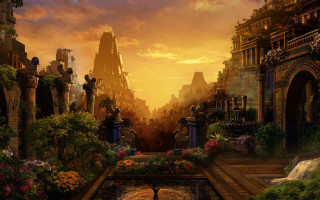 City fountain cat sunset painting - matte fantasy painting free wallpaper for desktop