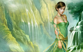 Woman green dress waterfall fantasy - magic free wallpaper