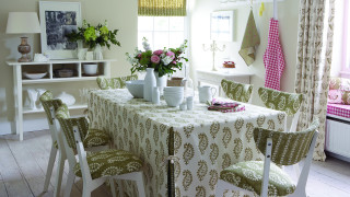 Table whitecloth greenchairs pinkroses flemishbaroque - a white table cloth free wallpaper