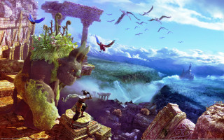 Cliff city sea birds fantasy - a cliff free wallpaper
