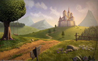 Castle hill tree swing path 2 - a painting of a castle free wallpaper