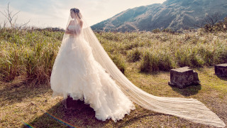 Wedding dress woman field mountain - a veil free wallpaper