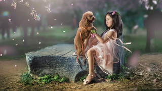 Girl dog park whimsical illustration - chen chun free wallpaper for desktop