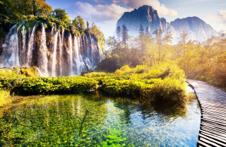 Waterfall river forest bench autumn - free mountains wallpaper