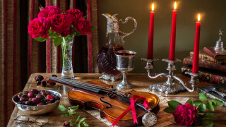 Violin roses cherries vase candle - a violin free wallpaper