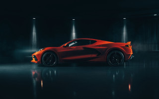 Red sports car dark room 54 - side profile free wallpaper