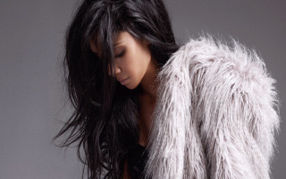 Woman fur coat posing black - a fur coat free wallpaper