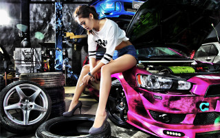 Woman sitting pink car garage - other car free wallpaper