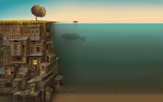 Cliffhouse tree shark surreal matte - alexander jansson free wallpaper