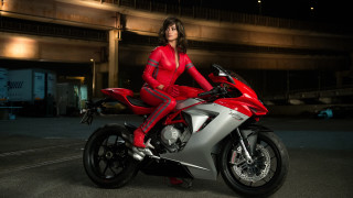 Woman red motorcycle night parking - a red outfit free wallpaper