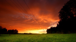 Sunset powerlines green field mountain - cable wire free wallpaper for desktop