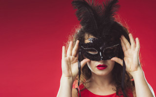 Woman mask feathers eyes red - feather free wallpaper