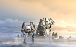 Robot couple snow mountains sky - a sky background free wallpaper for desktop