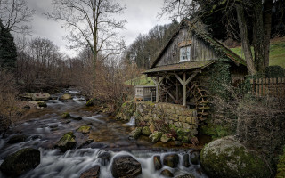 Small house river woodland waterfall - a wooden bridge free wallpaper