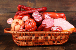 Basket sausages tomatoes wooden table - free hearts wallpaper for desktop