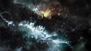 Dark stormy landscape cross yellow - a yellow light in the middle free wallpaper