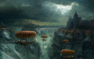 Castle hotairballoons river cityscape mattefantasy - hot air balloon free wallpaper