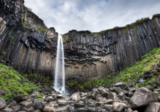 Waterfall rocks grass cloudy sky 2 - rock and grass free wallpaper