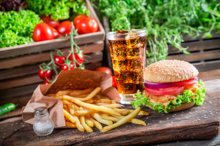 Hamburger fries drink wooden table - a drink free wallpaper